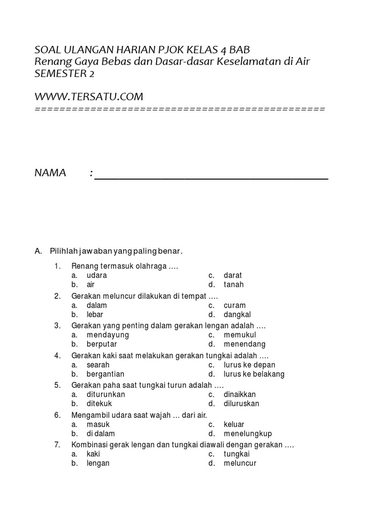 Soal Ulangan Harian Pjok Kelas 4 Bab Renang Semester 2