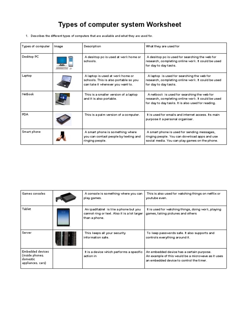 Types of Computer System Worksheet-Hasnain Ahmed | PDF | Personal ...