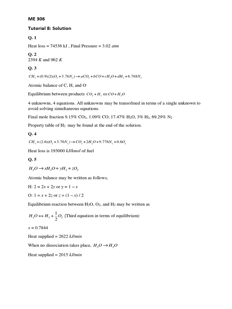ME 306 Tutorial 8 Solutions Summary | PDF