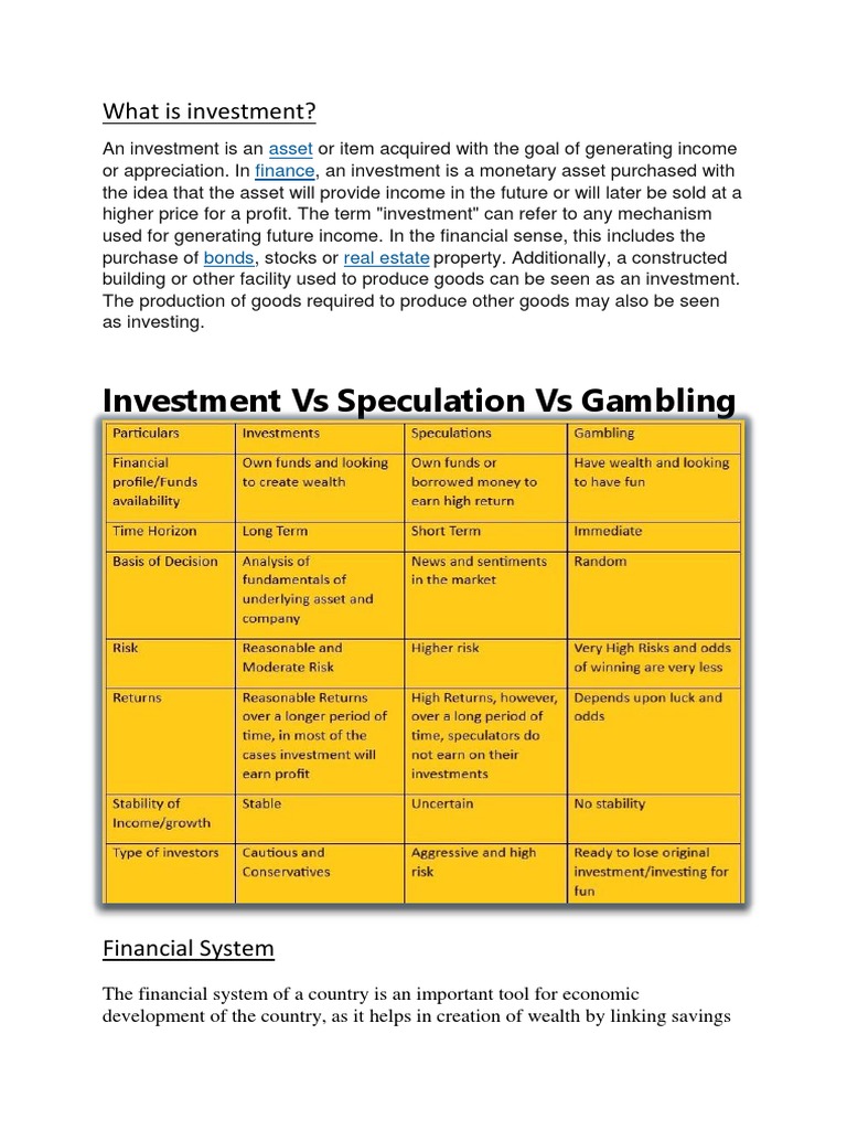 Investment Vs Speculation Vs Gambling PDF Financial Markets Investing