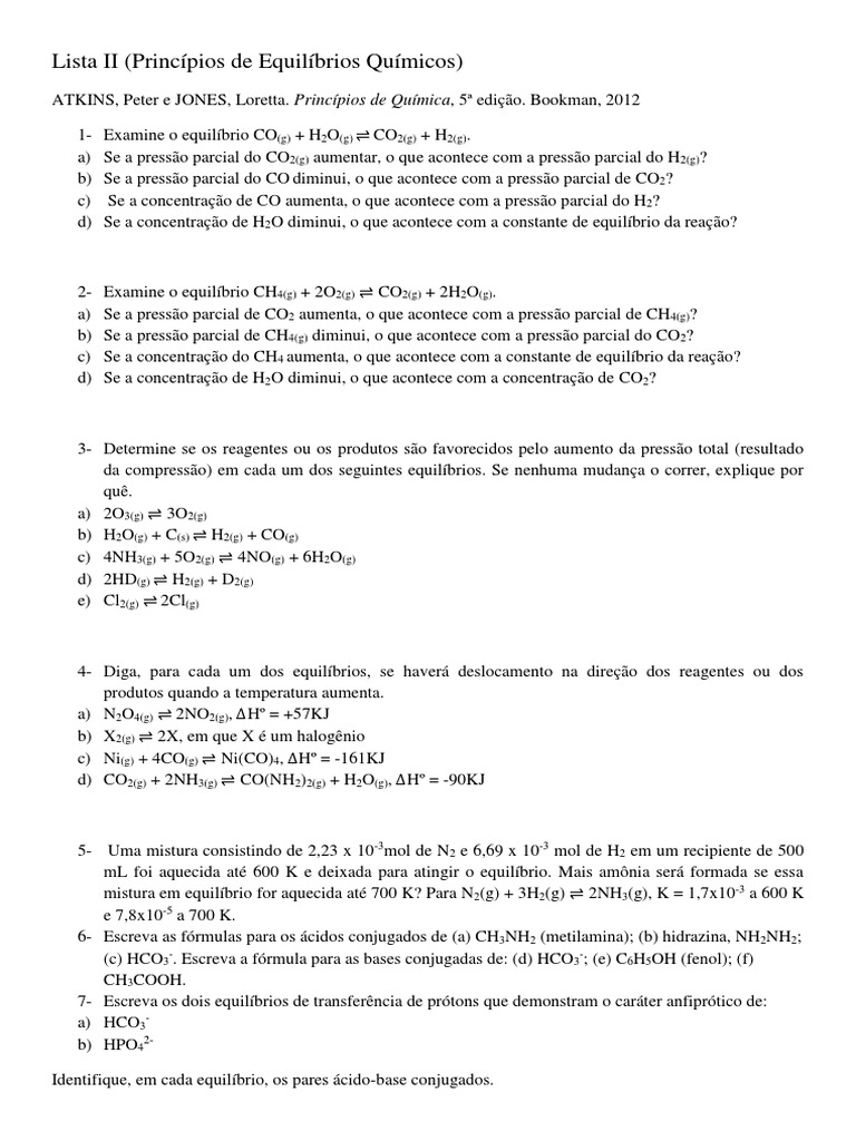 Questões de Equilíbrio Químico e Solubilidade | PDF | Equilíbrio ...