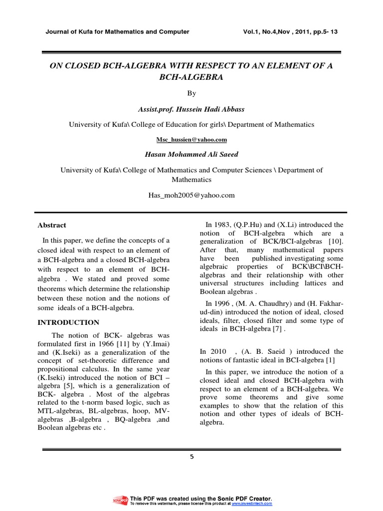 On Closed Bch-Algebra With Respect To An Element of A Bch-Algebra | PDF ...