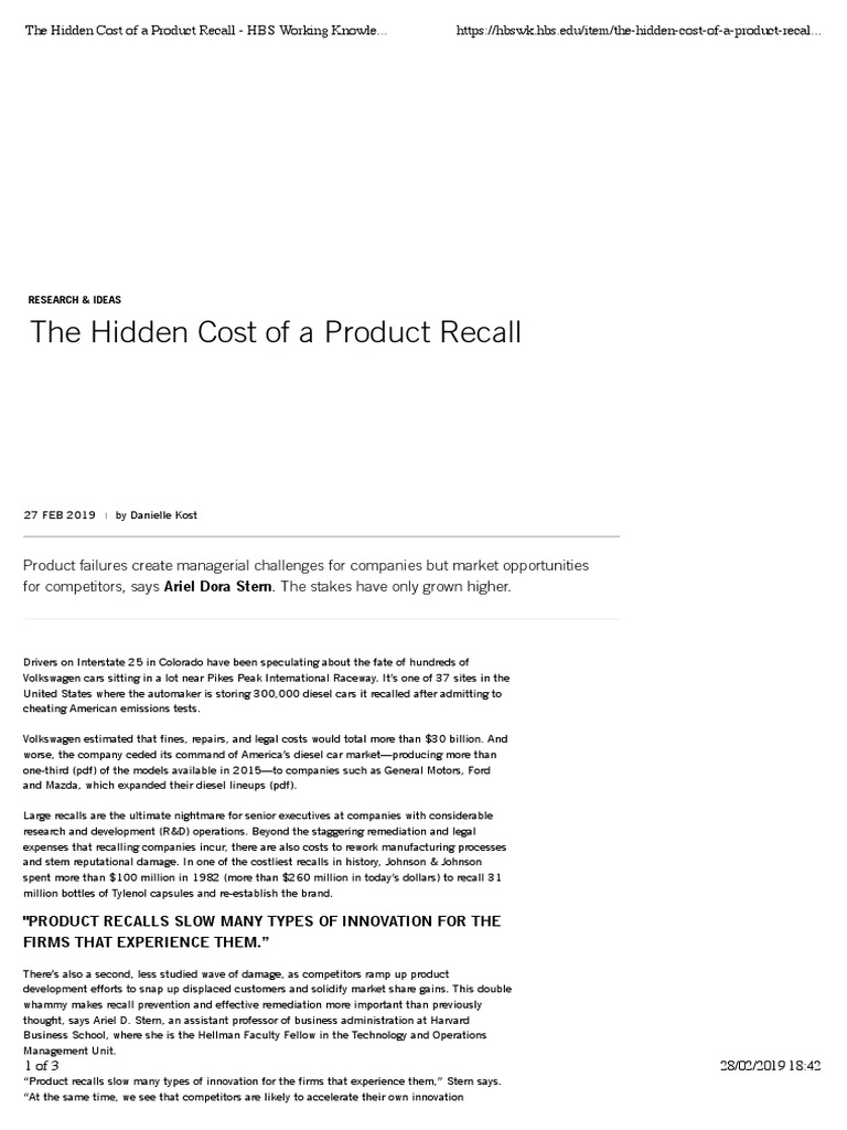 The Ripple Effects of Product Recalls Costs to the Recalling Firm and Opportunities for