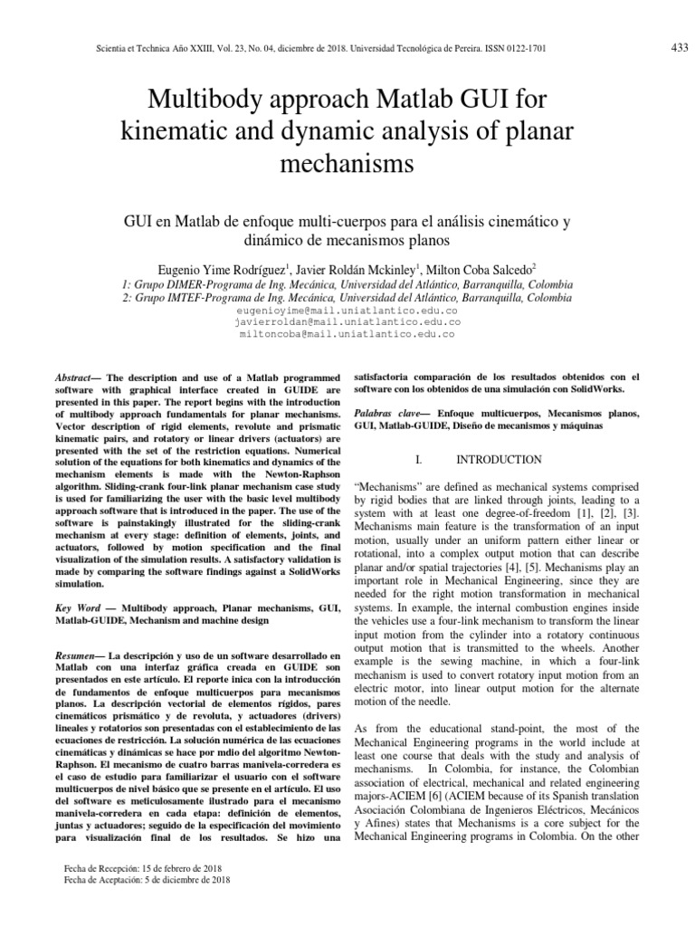 Multibody Approach Matlab Gui For Kinematic And Dynamic Analysis Of