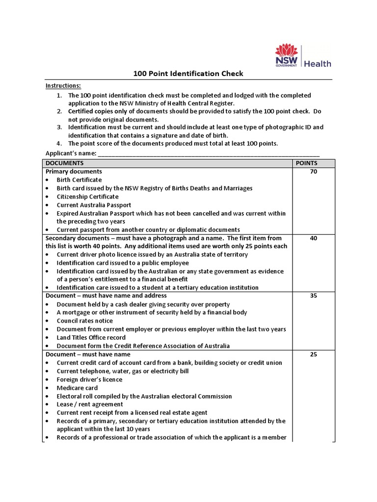 100 Point Id Check PDF Identity Document Government And Personhood