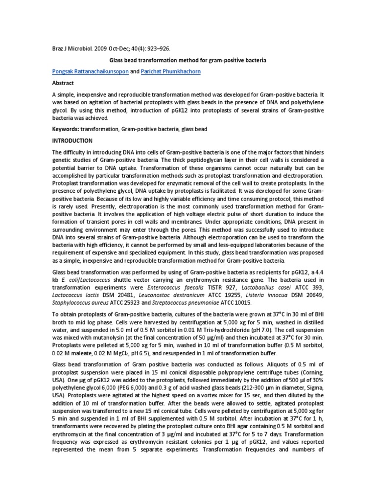 Simple Glass Bead Transformation Method for GramPositive Bacteria