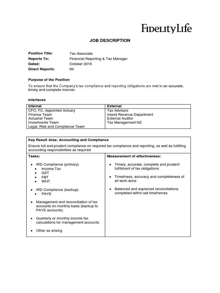 Tax Associate Job Description PDF Occupational Safety And Health Risk