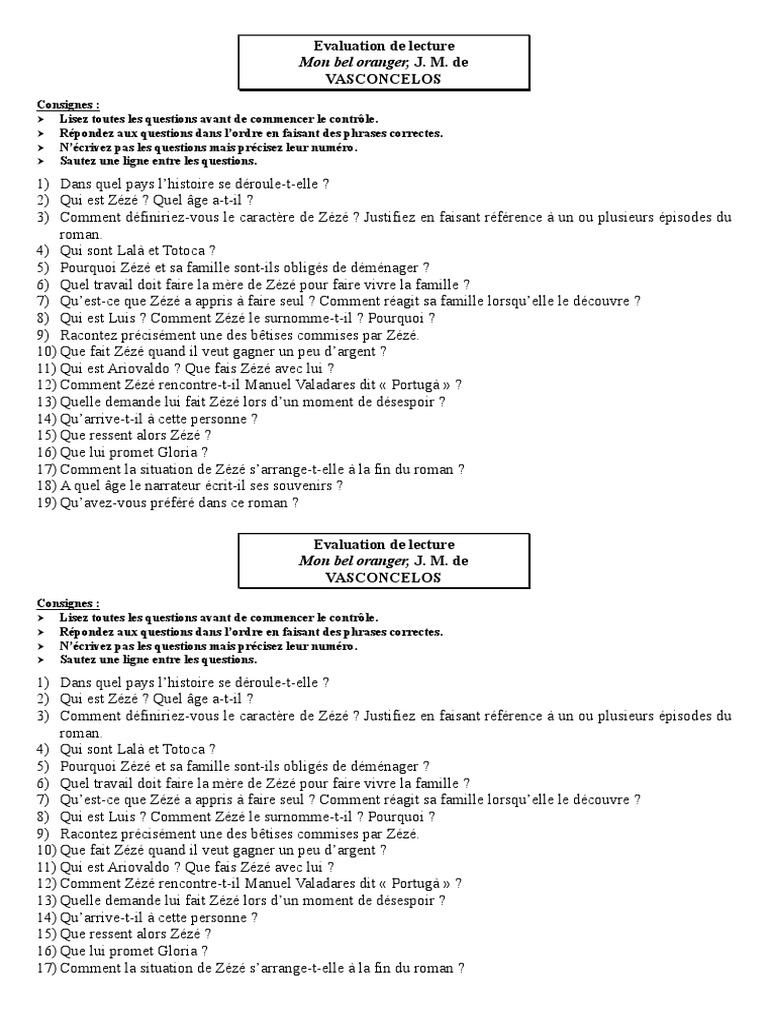 Mon Bel Oranger Fiche De Lecture 5eme