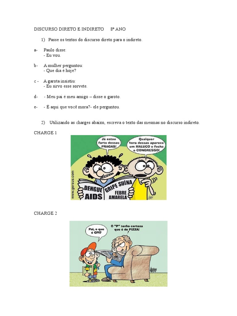 Discurso Direto E Indireto Exercicios Com Tirinhas