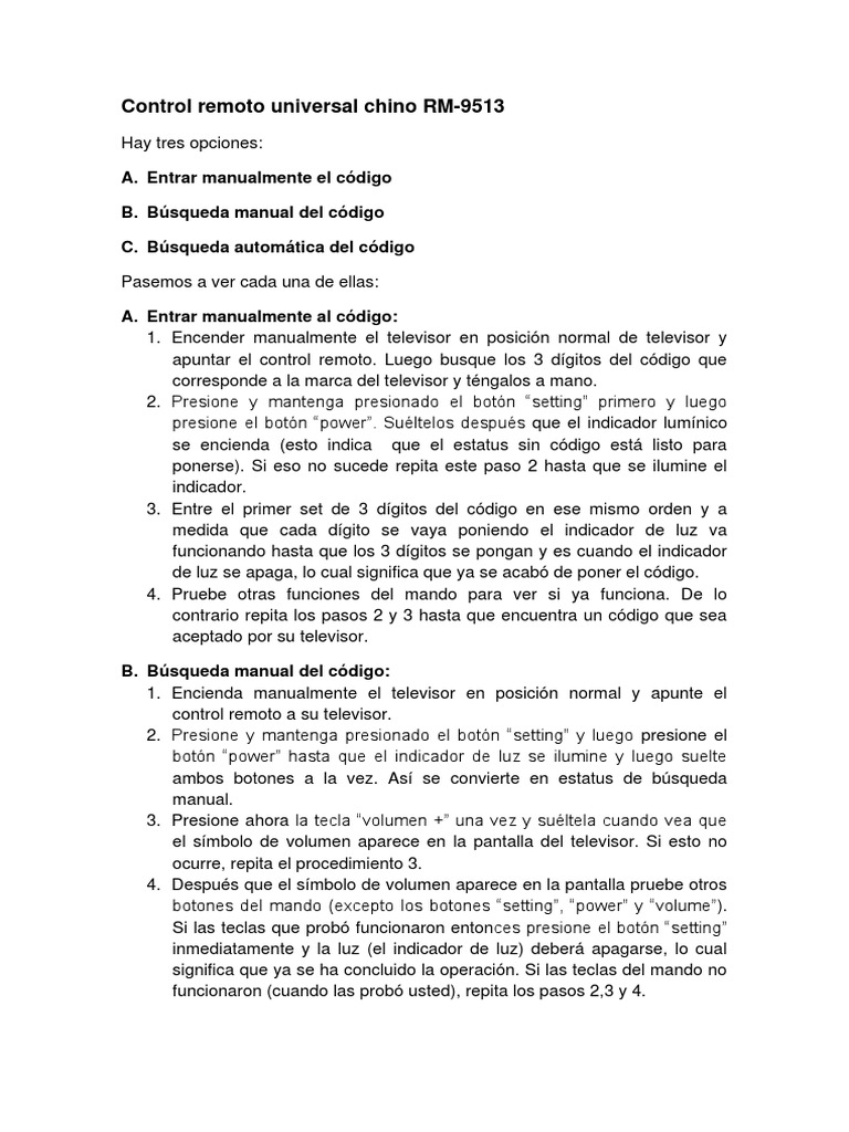 Códigos y programación RM-9513 | PDF | Control remoto | Entretenimiento ...