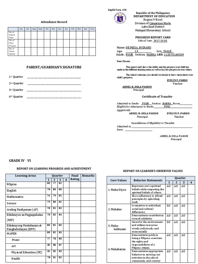 DepEd Form 138 Progress Report Card | PDF | Value (Ethics) | Change