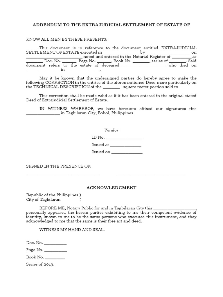 Addendum to Extrajudicial Settlement | PDF