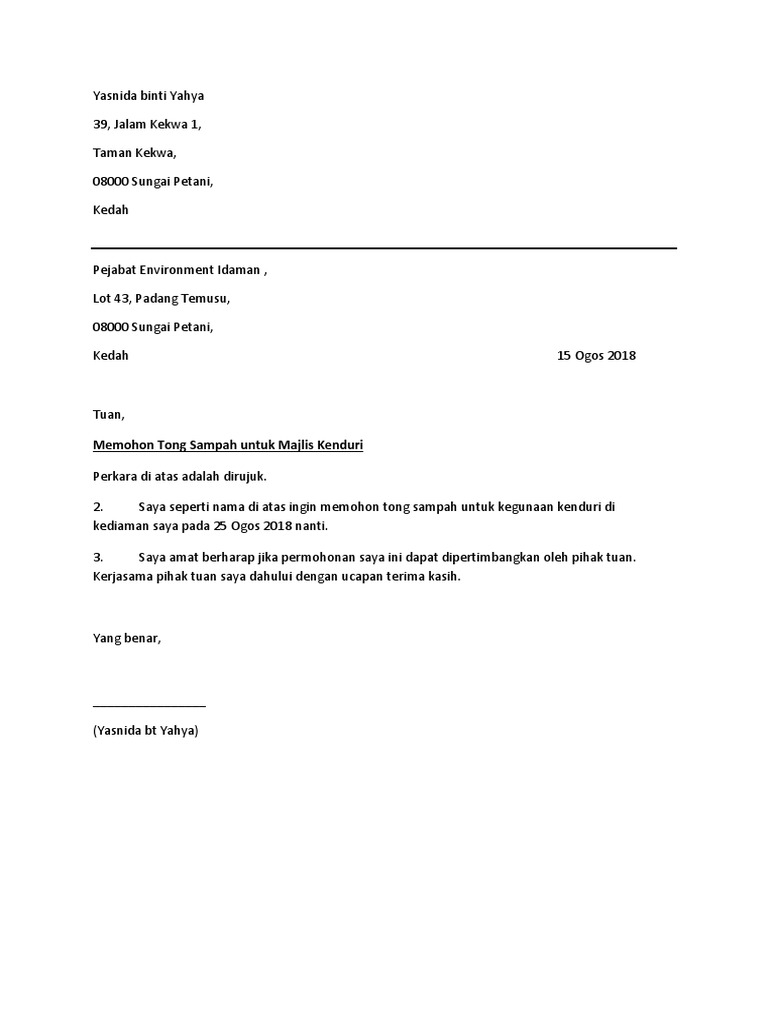 Contoh Surat Pinjam Tong Sampah