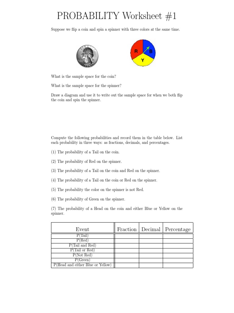 probability with coins Intended For Simple Probability Worksheet Pdf