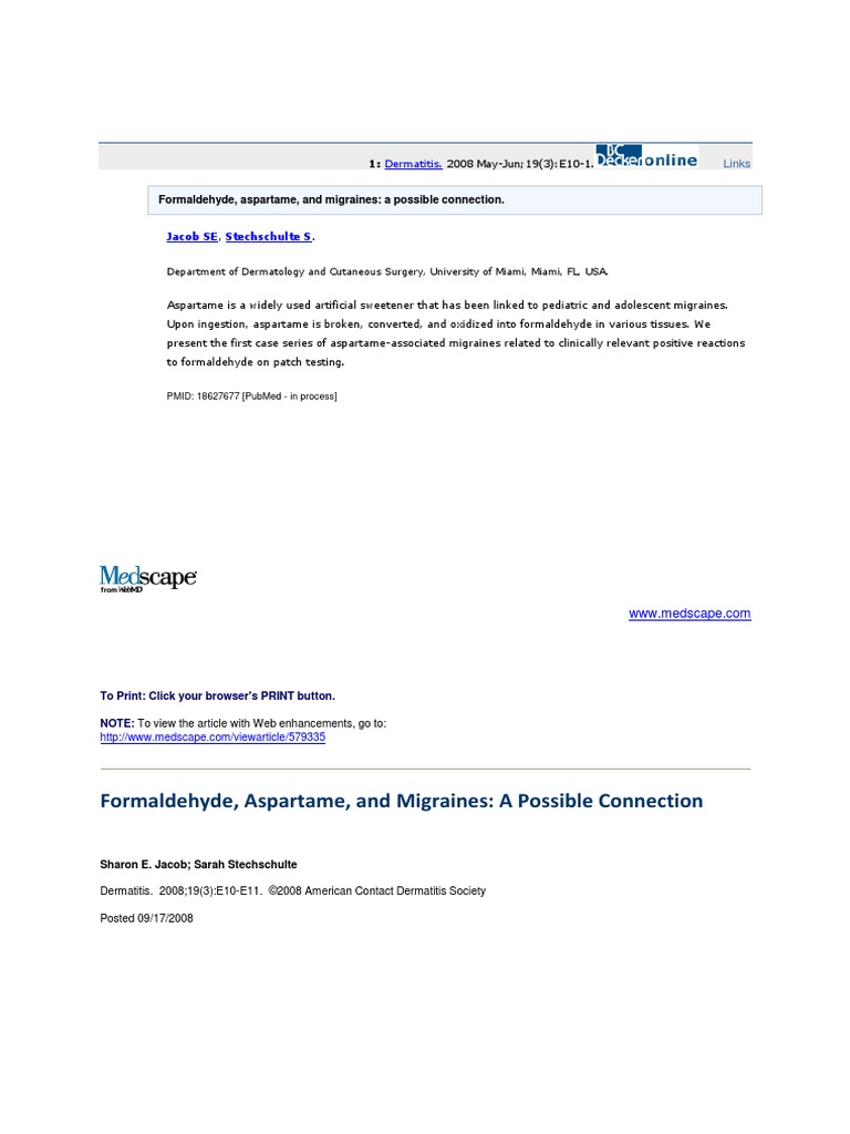 Formaldehyde, Aspartame, and Migraines A Possible Connection PDF