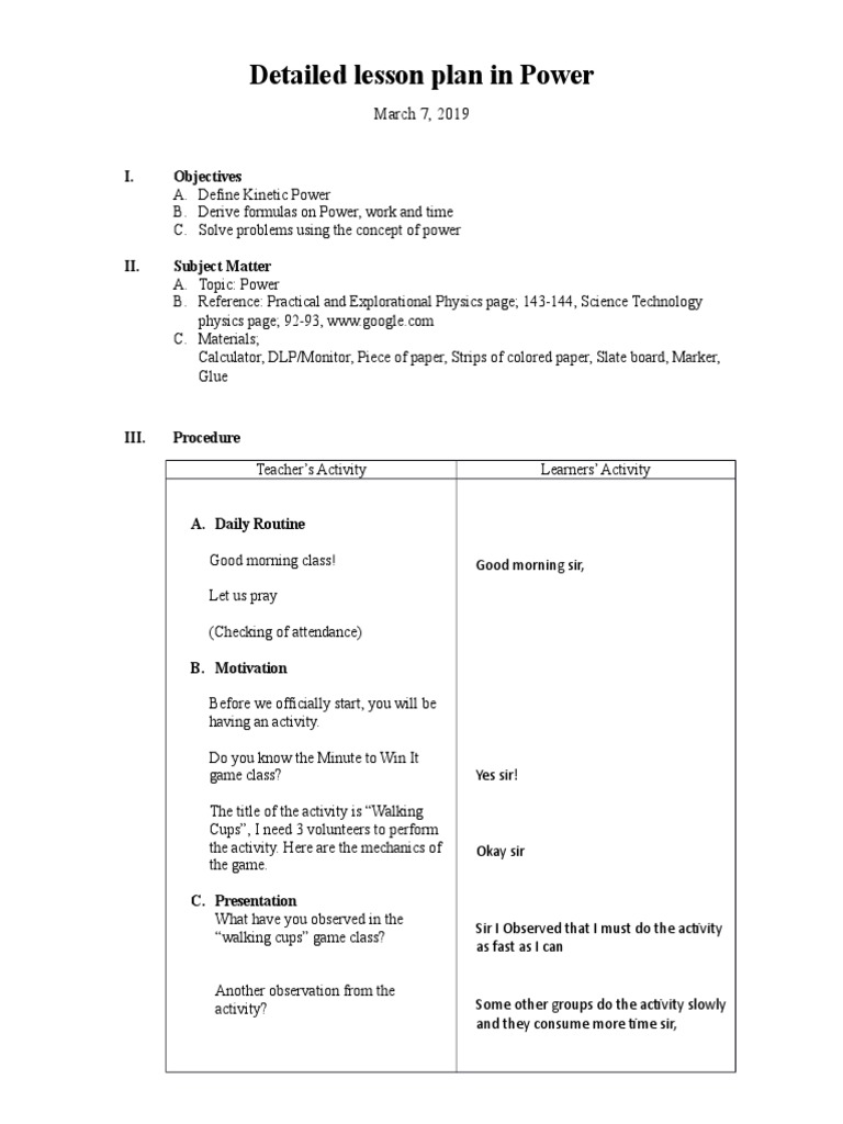 Power Lesson Plan and Activities | PDF | Watt | Force