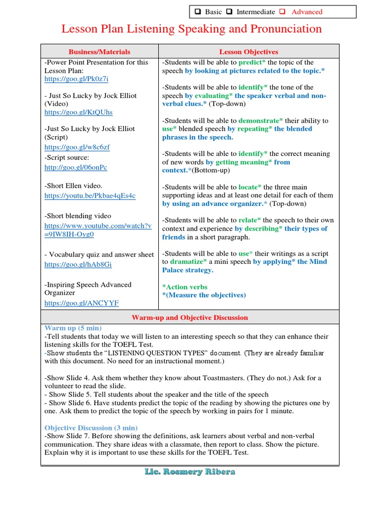 Listening And Speaking Lesson Plan Pdf Question Vocabulary