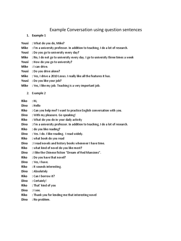 Example Conversation Using Question Sentences | PDF
