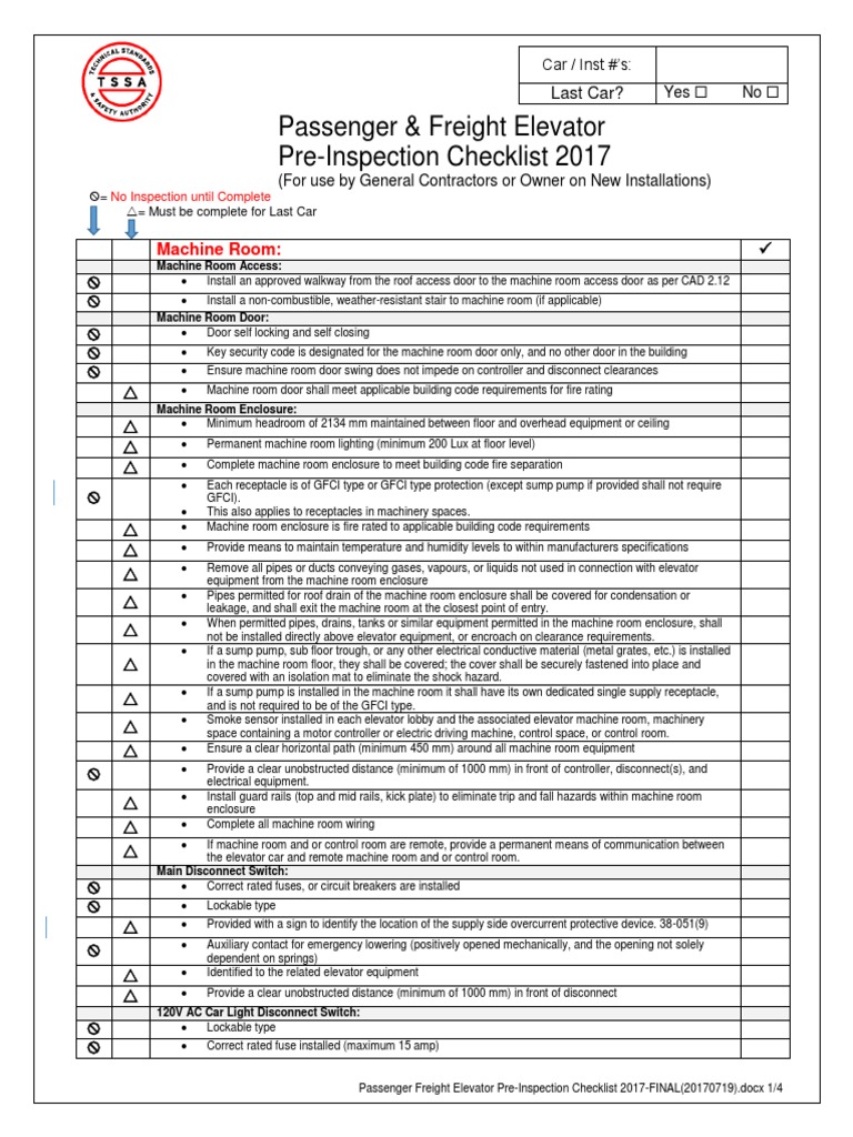Elevator Pre Inspection Checklist Elevator Building Engineering