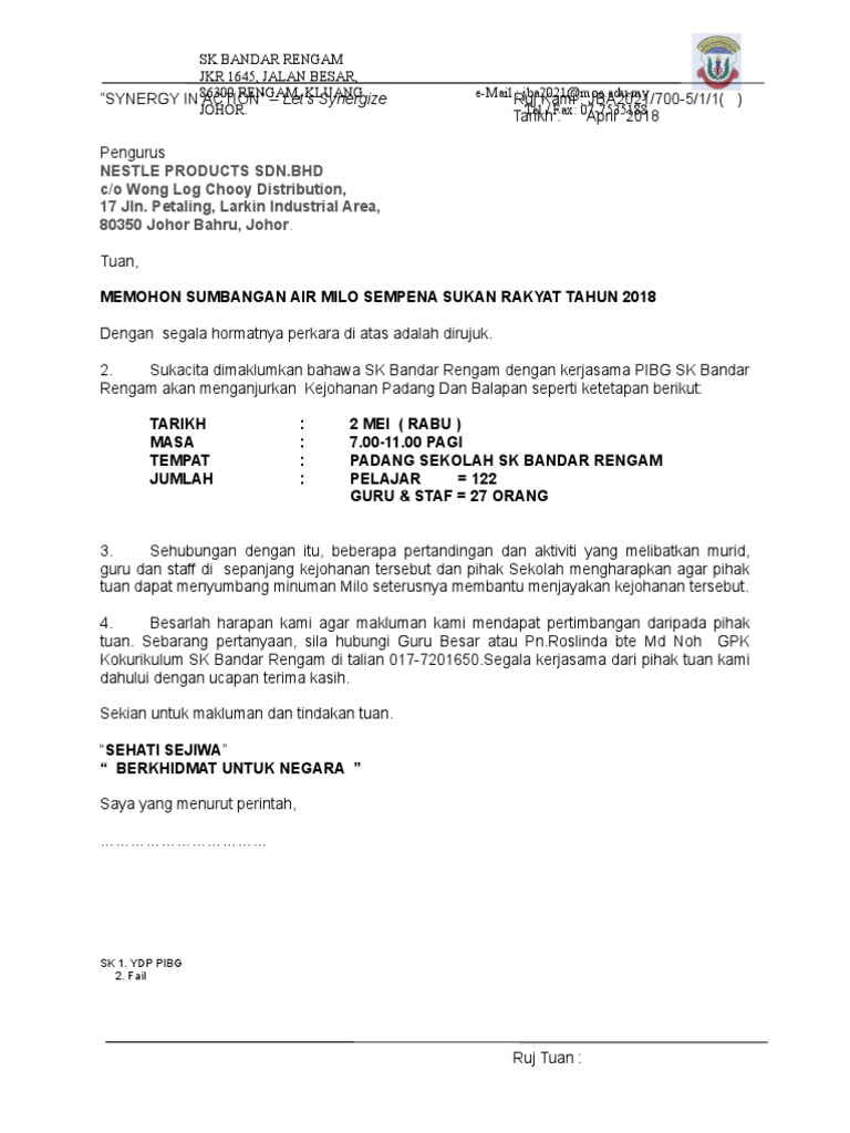 Contoh Surat Mohon Sumbangan Air Milo
