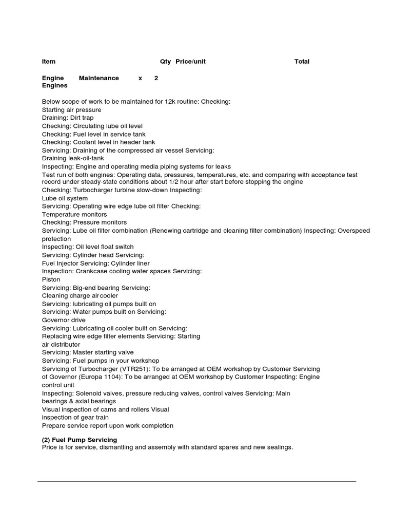 Item Qty Price/unit Total Engine Maintenance X 2 Engines | PDF ...
