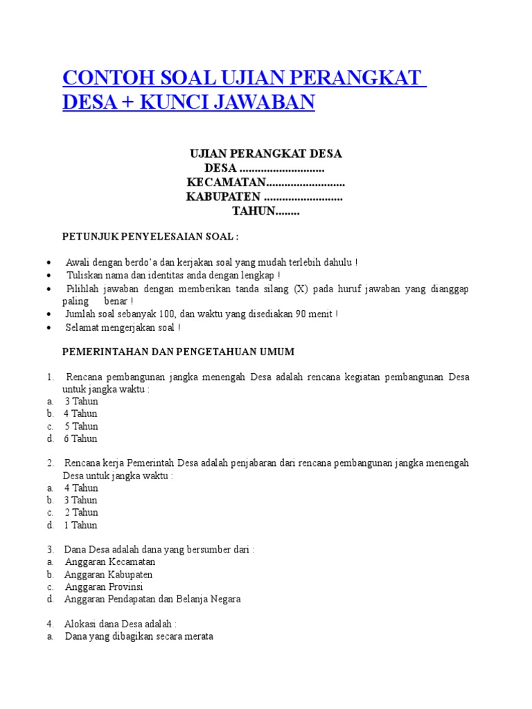 Contoh Soal Ujian Perangkat Desa Kunci Jawaban Contoh Soal Ujian Perangkat Desa Kunci Jawaban