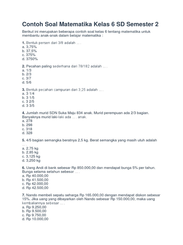 Contoh Soal Matematika Kelas 6 Sd Semester 2