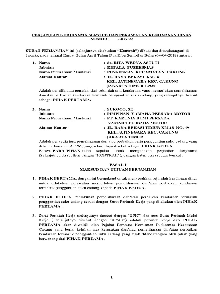 Perjanjian Kerjasama Pemeliharaan Kendaraan Dinas Roda Dua Dengan Yamaha Persada Motor Pdf