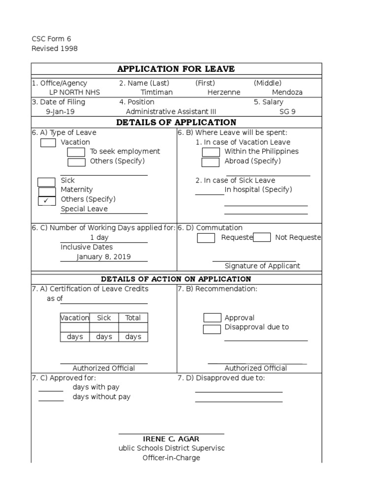 CSC Form 6 Leave Application 1998 | PDF