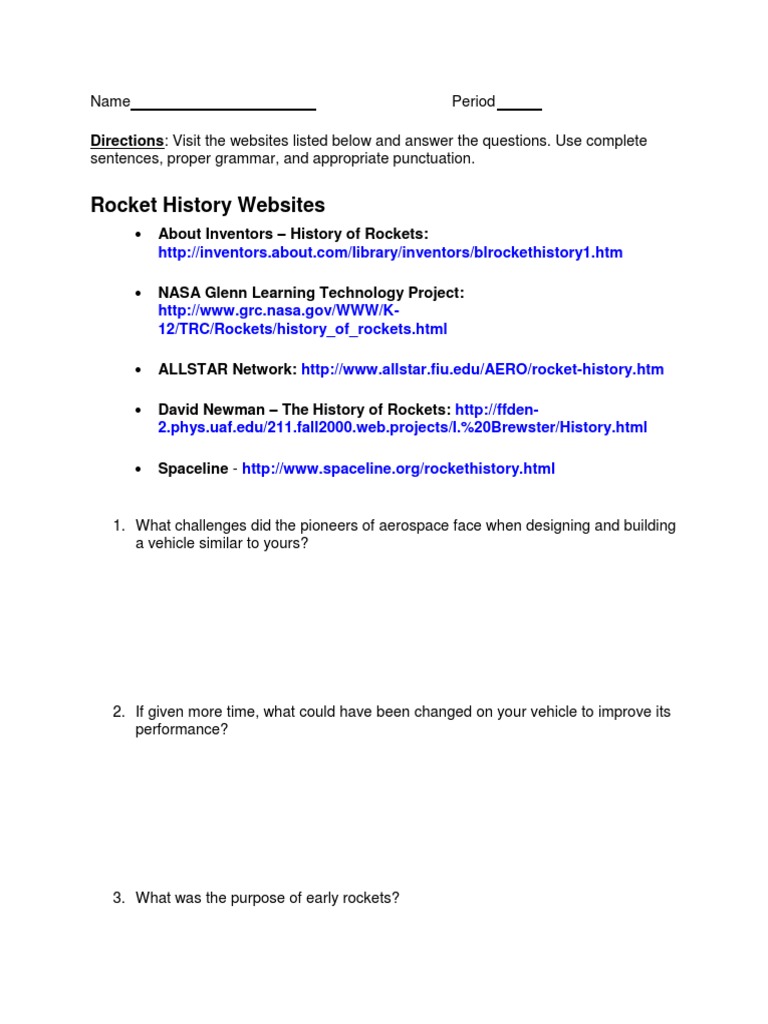 Rocket History Research Questions Guide | PDF | Travel