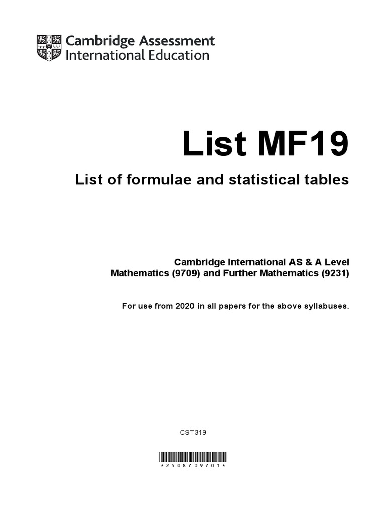 MF19 Formulae and Statistical Tables | PDF | Variance | Teaching ...