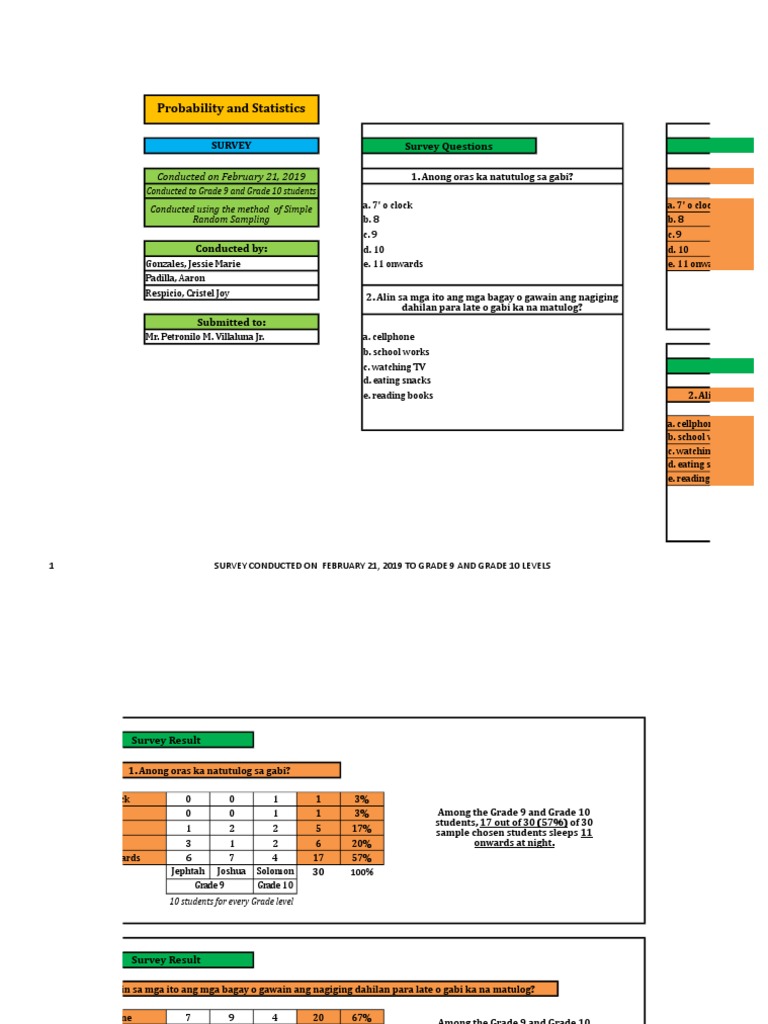 Probability and Statistics: Survey Survey Questions Survey Result | PDF ...