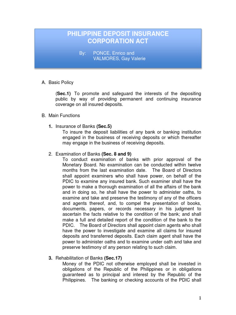Philippine Deposit Insurance Corporation Act By PONCE, Enrico and