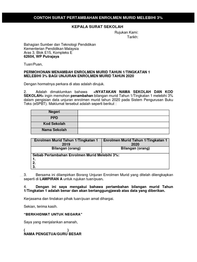 Contoh Surat Permohonan Mengurangakan Enrolmen Spbt