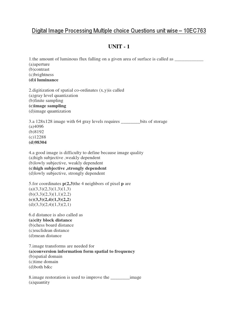 Digital Image Processing Multiple Choice Questions Unit Wise 10EC763 PDF Sampling (Signal