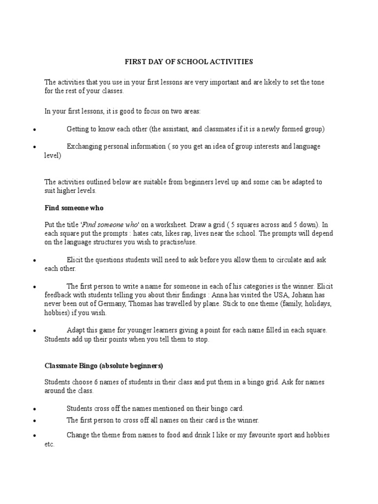 First Day of School Activities PDF Question Teachers