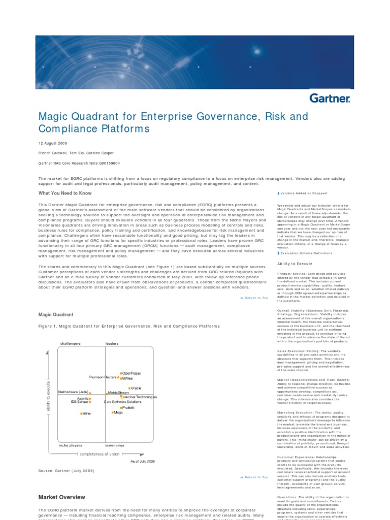 Magic Quadrant For Enterprise Governance Risk and Compliance Platforms