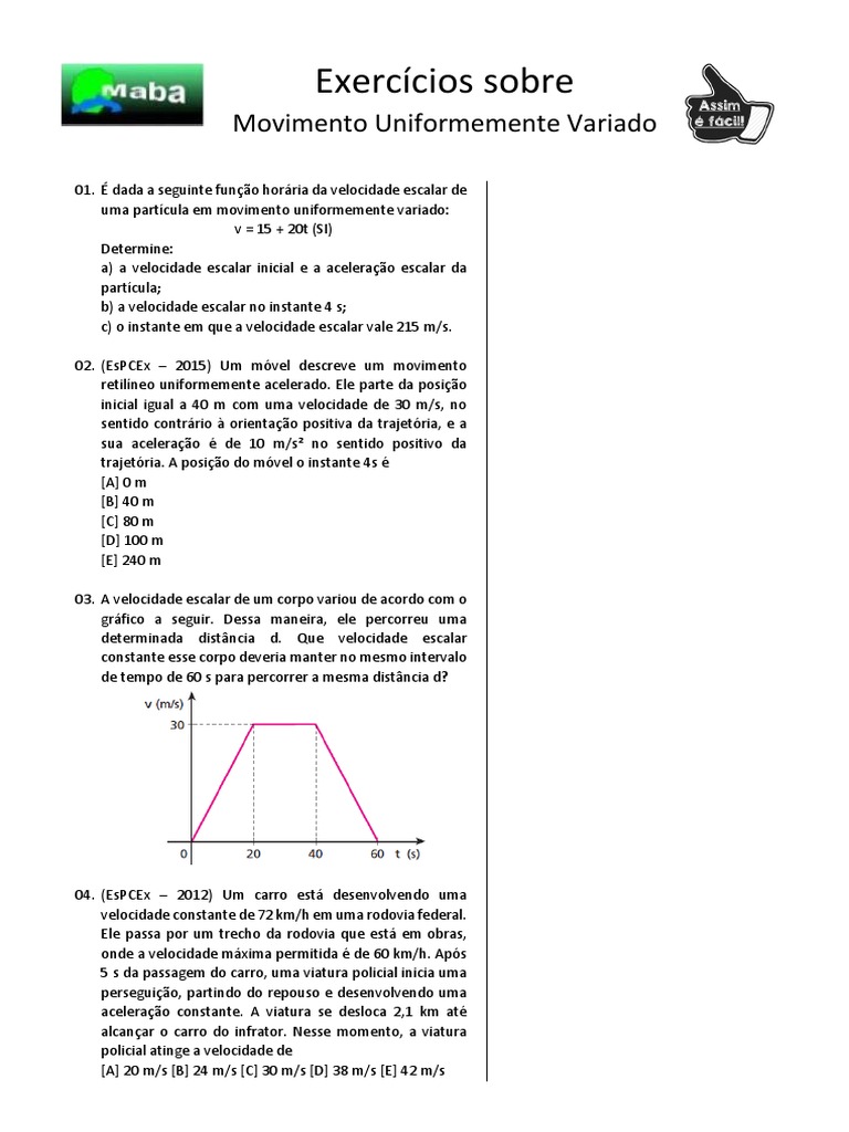 Exercícios de Movimento Uniformemente Variado | PDF | Velocidade ...