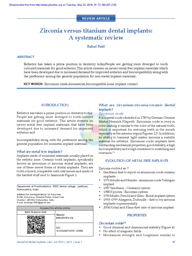 Zirconia Versus Titanium Dental Implants A Systematic Review PDF