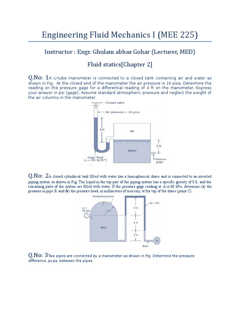 Fluid Mechanics Problems and Solutions | PDF | Pressure Measurement ...