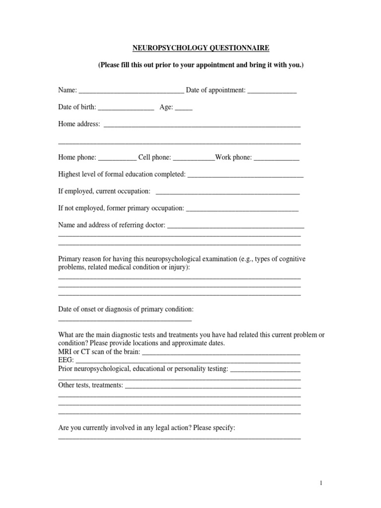 Neuropsychology Questionnaire | PDF | Alcoholism | Stroke