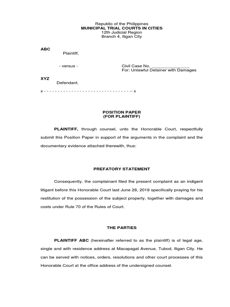 Ejectment Case Position Paper Philippines | PDF | Lawsuit | Complaint