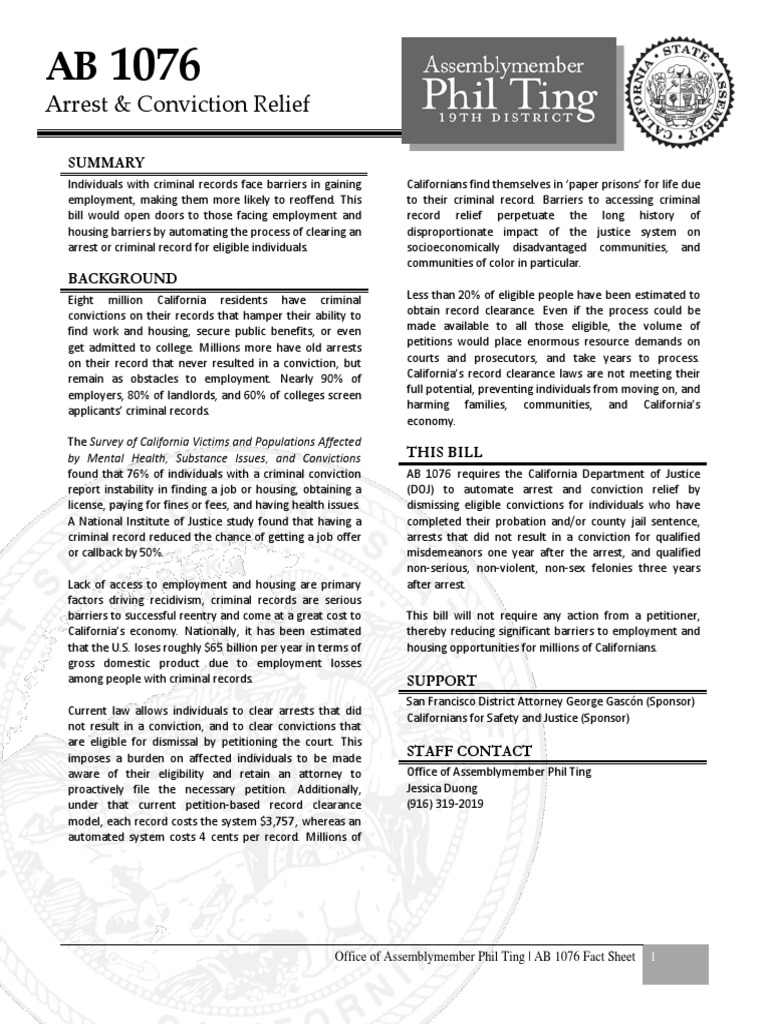 Fact Sheet AB 1076 Criminal Records Criminal Record Arrest