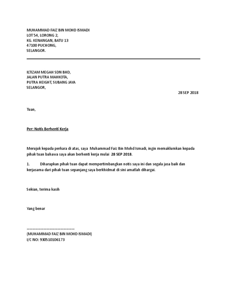 30634630 Contoh Surat Berhenti Kerja Notis Sebulan