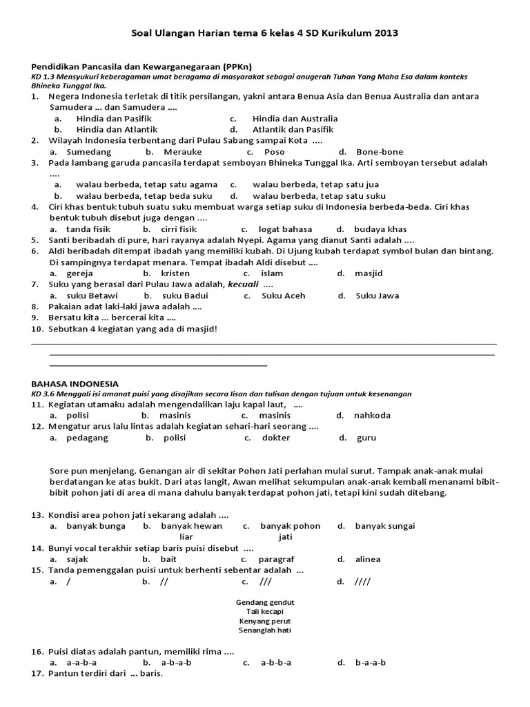 Soal Ulangan Harian Tema 6 Kelas 4 SD Kurikulum 2013