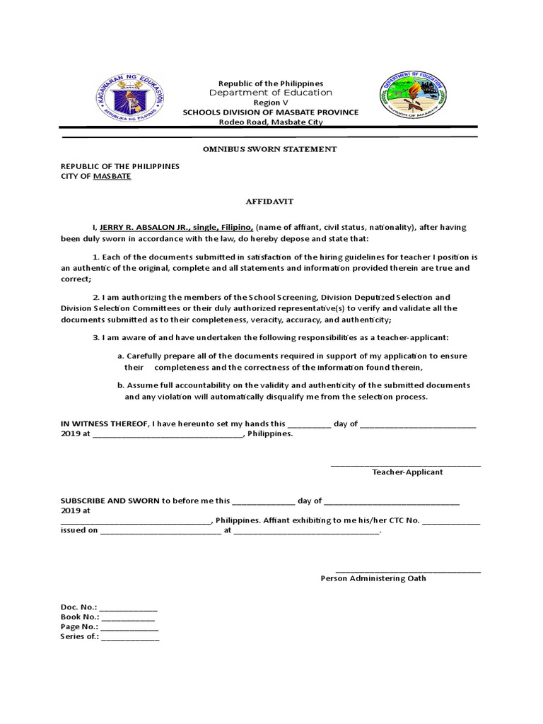Omnibus Sworn and Statement PDF Affidavit Public Law