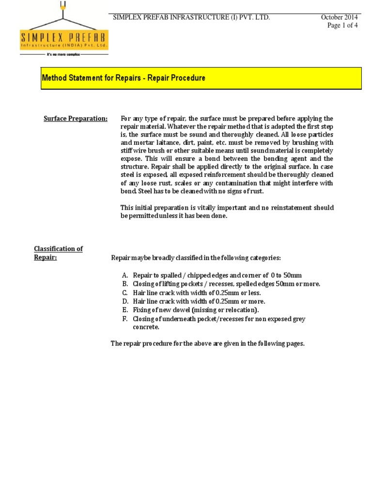 Method Statement For Repairs - Repair Procedure: Surface Preparation ...