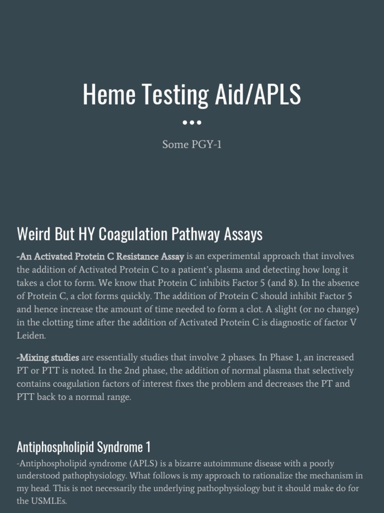 Heme Testing Aid/APLS Some PGY1 PDF Coagulation Proteins