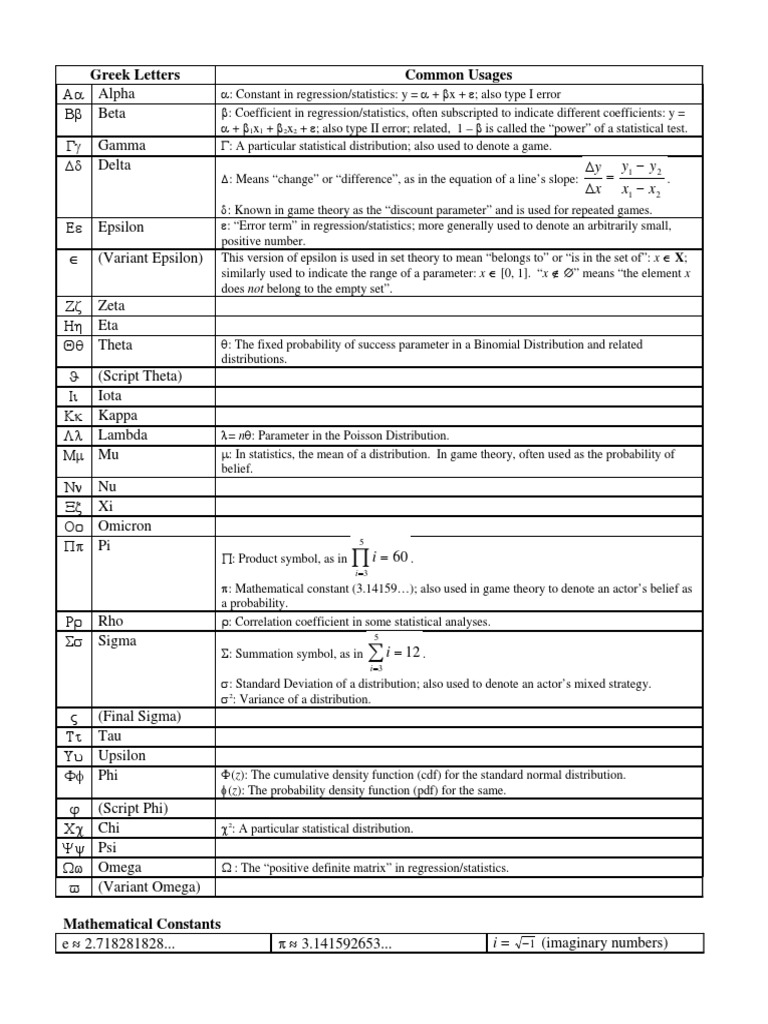 Greek Letters Common Usages X X y y X y PDF Standard Deviation