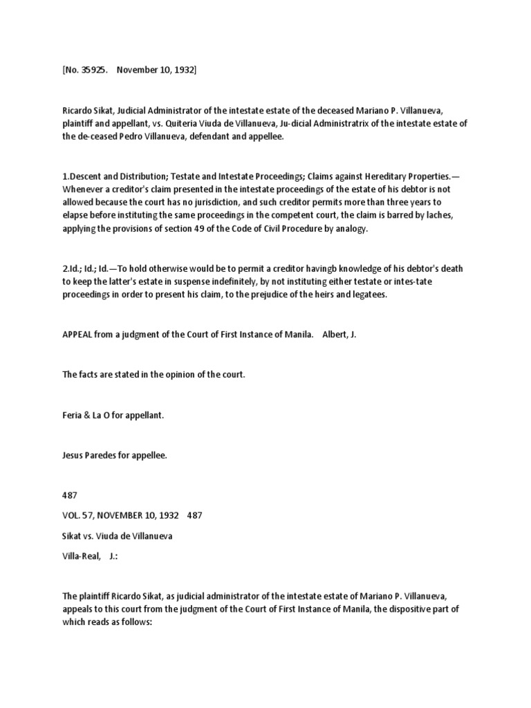 8 Sikat vs. Viuda de Villanueva PDF Statute Of Limitations Probate